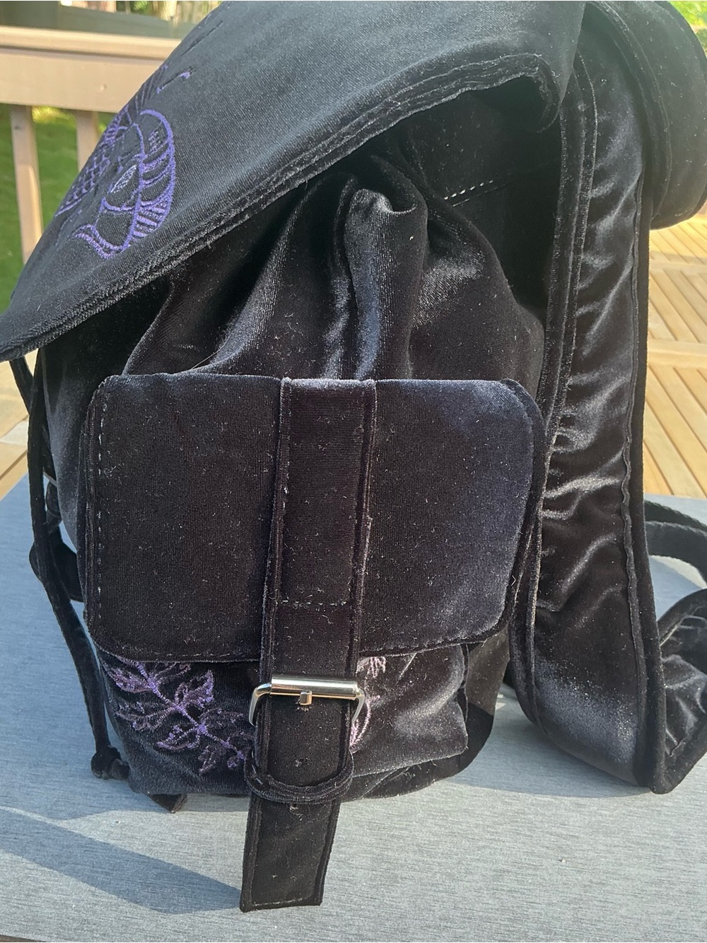 Disturbia Black Velvet Backpack with Lilac Moth / Butterfly Embroidery - Picture 8 of 15